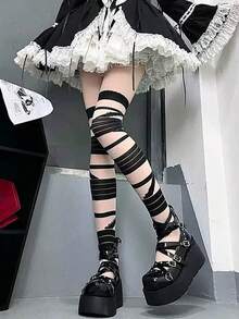 1 Pc Women's Black Bandage Thigh High Stockings, Sexy Lolita Y2K Aesthetic Over Knee Socks - Multicolor - View 5