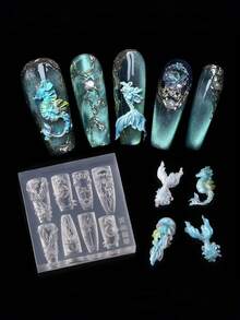 Khuôn silicon làm móng nghệ thuật, chủ đề Đại dương - Sứa, Cá ngựa, Vỏ sò, Đuôi cá voi, các họa tiết chạm khắc. - Trong sáng - Xem 1