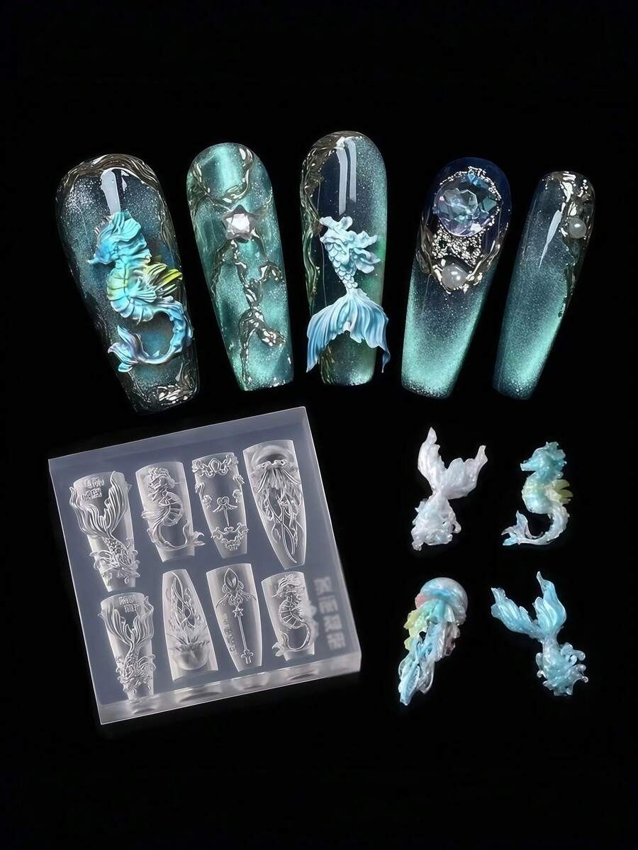 Khuôn silicon làm móng nghệ thuật, chủ đề Đại dương - Sứa, Cá ngựa, Vỏ sò, Đuôi cá voi, các họa tiết chạm khắc. - Trong sáng - Xem 1