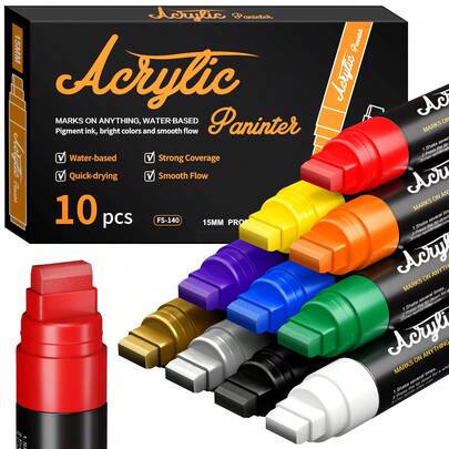 Bút dạ xóa được 10 màu, bút acrylic cỡ lớn 15mm, đầu bút 3 trong 1, dung tích mực: 36ml - Thích hợp cho bảng đen, kính, quầy bar nhỏ, ô tô, bảng thực đơn, đánh dấu.