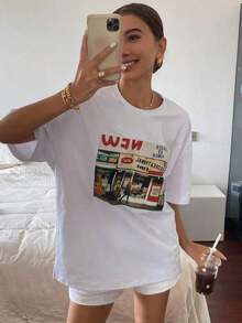 Camiseta holgada de mujer de cuello redondo y manga corta con estampado de letras con diseño, camiseta de verano gráfica oversize - Blanco - Ver 4