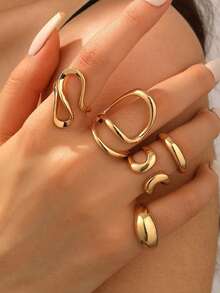 Set de 5 anillos geométricos para mujer, diseño de metal retorcido para nudillos, versátil - Juego de anillos - Ver 3