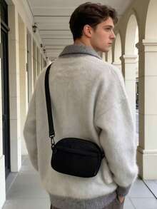 男士休闲尼龙斜挎包，轻便小巧的单肩包，适合日常通勤、旅行和户外活动，时尚迷你肩包，带多个口袋 - 黑色 - 查看 3