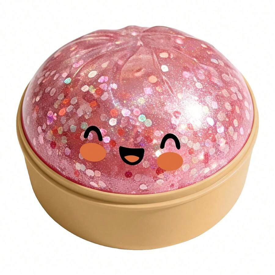 Cute Pink Glitter Steamed Bun Squishy Toy With Beige Steamer Case, Kawaii Slow Rising Soft Squeeze Squishies, Fidget Squishy Toys For Kids Stress Relief & Sensory Play - 半透明粉紅色 - 查看 1