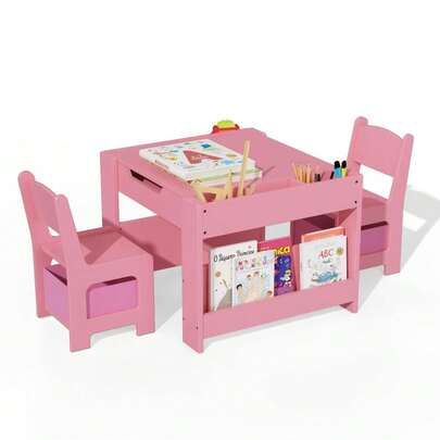 Kids Table And Chair Set, 4 In 1 Wooden Activity Table & 2 Chairs With Storage Drawer Detachable Tabletop For Toddlers Kids Drawing, Reading, Crafts