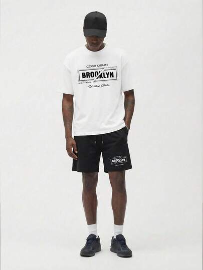Voidago Men's Casual Letter Print Round Neck Short Sleeve T-Shirt And Shorts Set, Summer