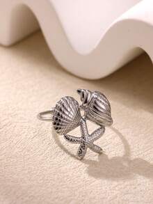 1pc Stainless Steel Gold-Plated Vacuum Electroplated Starfish & Shell Themed Vacation Style Ring, Suitable For Women - Multicolor - View 3
