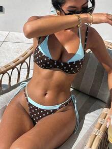 Women's Retro Polka Dot & Pork Chop Print Sexy Bikini Set, Light Blue & Brown Polka Dot Asymmetric A-Line Sleeveless Short Bikini, Suitable For Winter, Outings, Birthday, Casual, Millennium, Western Style, Nightclub, Beach Vacation Summer - 淺藍色 - 查看 8