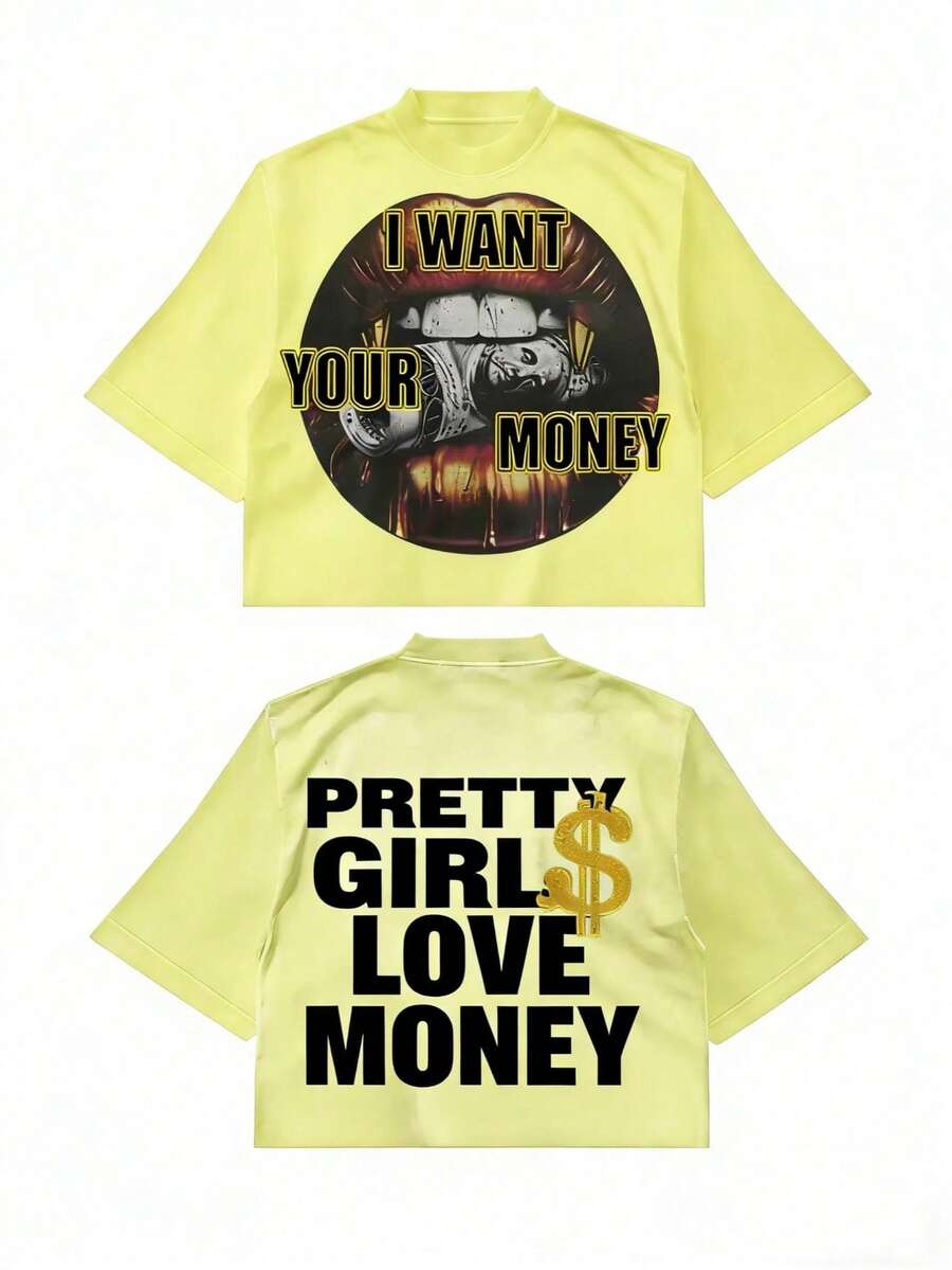 Fly "I Want Your Money" Hip-Hop Flow T-Shirt Pure Cotton Double-Sided Printed T-Shirt, Suitable For Men And Women,Top Pick Gift For Summer Casual Tees - 黃色 - 查看 1