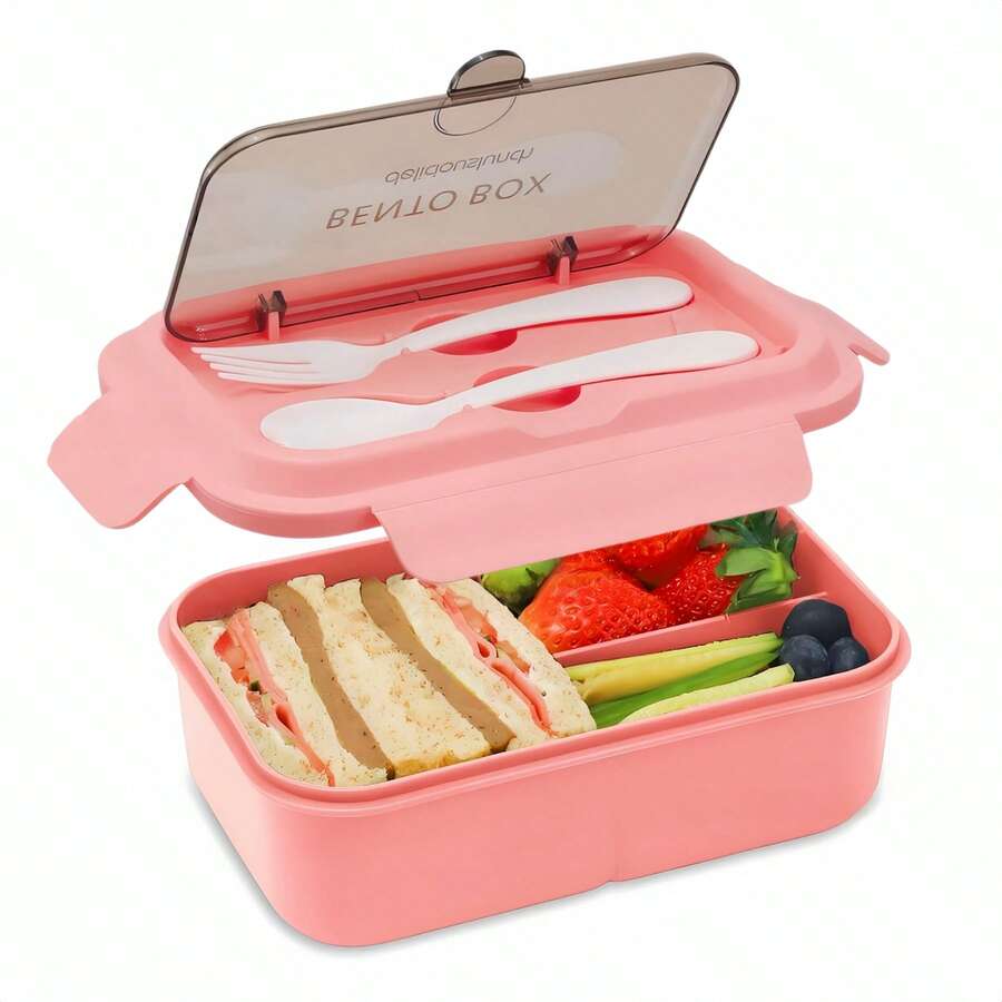 1 pièce Boîte à lunch Bento portable avec ustensiles, micro-ondes, design à 3 compartiments, convient pour le bureau, l'extérieur, l'école, le pique-nique, la rentrée scolaire
