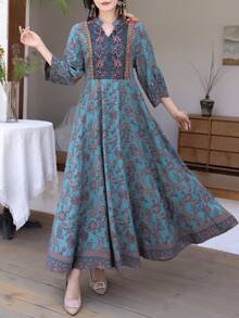 波希米亞風休閒刺繡復古長洋裝，適合度假旅行，春季與秋季穿著 - 藍色 - 查看 7