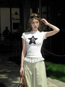 女式星形刺绣修身圆领短袖T恤，休闲甜美性感夏季上衣 白色 - 白色 - 查看 5