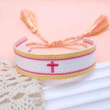 1pc Embroidered Cross Boho Handmade Woven Tassel Bracelet - Multicolor - View 7
