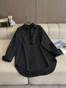 Women's Daily Commute Oversized Button Down Shirt 2026 Fall Spring Lapel Neck Long Sleeve Loose Fit Longline Shirt For Office Wear Layering Outing - Black - View 2