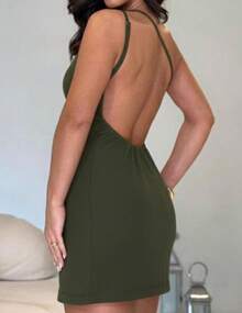Women's Short Dress With Adjustable Straps And Open Back. - Army Green - View 2