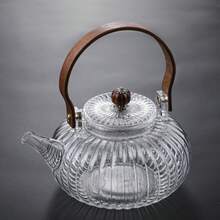 Striped Glass Teapot, Glass Flower Tea Teapot, Boiling Water Teapot, Wooden Handle, Ruyi Pumpkin Beam Teapot - Multicolor - View 5