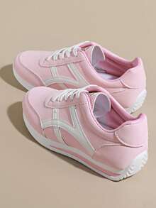 女士多功能休闲鞋，防水防滑，易清洁，圆头低帮，舒适平底，百搭运动鞋，撞色设计，复古风格，红色、绿色、黄色可选，尺码35-43（含大码） - 粉色 - 查看 16