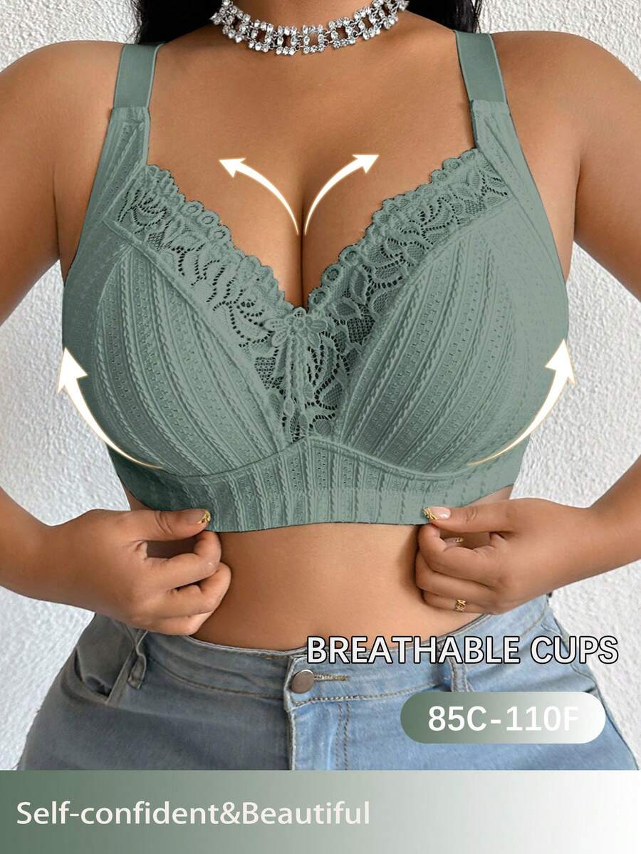 Plus Size Women's Wireless Bra, Breathable Non-Slip Lace Patchwork Lift Up Adjustable Strap Seamless Everyday Wear