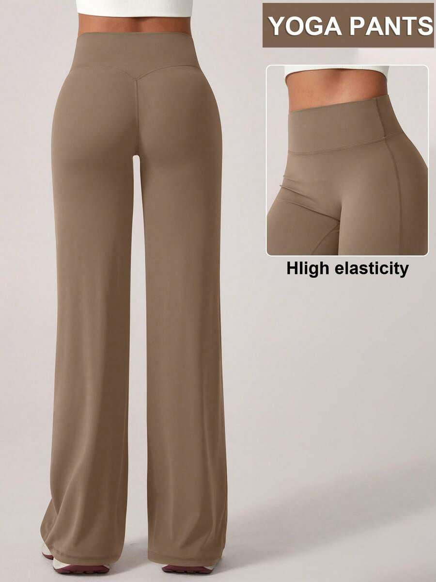 1件装 女士极简高腰V领提臀直筒阔腿瑜伽裤 春季 - 棕色 - 查看 1