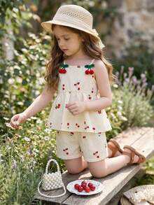 Girls' Soft Peach Cherry Print Outfit, Dangling Red Cherry Decor, Loose & Comfortable Fit, Sweet & Cute Style, Versatile Color, Suitable For Weekend Outings, Beach Vacation - Multicolor - View 5