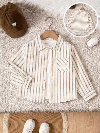Boys & Kids Classic Casual Vacation Khaki Striped Patch Pocket Long Sleeve Shirt, Suitable For Casual Gatherings And Various Formal Occasions
