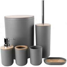 6件套塑料竹制浴室配件套装，包括垃圾桶、皂液器、皂碟、马桶刷架、牙刷架、漱口杯，适合作为生日、节日、乔迁、圣诞节礼物（灰色、黑色、米色、白色） - 彩色 - 查看 3