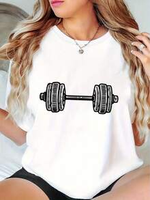 Women's Sports T-Shirt With Creative Minimalist Barbell Design, Crew Neck, Short Sleeves, Comfortable, With Optimal Comfort For Summer And Vacation - White - View 1