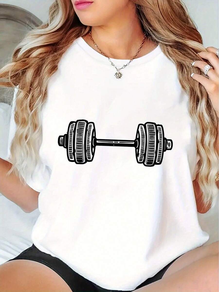 Women's Sports T-Shirt With Creative Minimalist Barbell Design, Crew Neck, Short Sleeves, Comfortable, With Optimal Comfort For Summer And Vacation - White - View 1