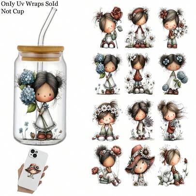 12 Sheets Flower And Girl Pattern UV Transfer Stickers | Suitable For Crafts, Mugs, Laptops, And Water Bottles, Self-Adhesive Plastic, High-Quality Printing, Durable, Available In Multiple Colors Cycling Stickers And Decals