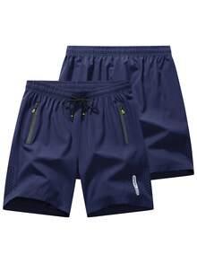 3-Pack Of Men's Stylish Athletic Shorts With Black Drawstring Design And Zippered Pockets, Perfect For Summer Workouts And Outdoor Activities - 藍色+藏青色+黑色 - 查看 4