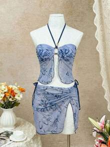 Nuevo conjunto de bikini de 3 piezas con estampado sexy de malla, con incrustaciones de rhinestone, con tirantes finos, adecuado para la playa, la piscina, fiestas y vacaciones de verano - Azul Marino - Ver 6