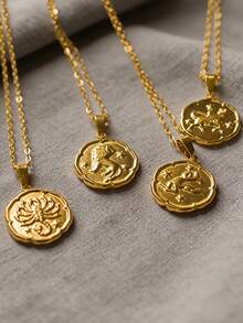 MECYLIFE 1pc Stainless Steel Vintage Zodiac Coin Necklace, Minimalist Style Jewelry For Women - Yellow Gold - View 3
