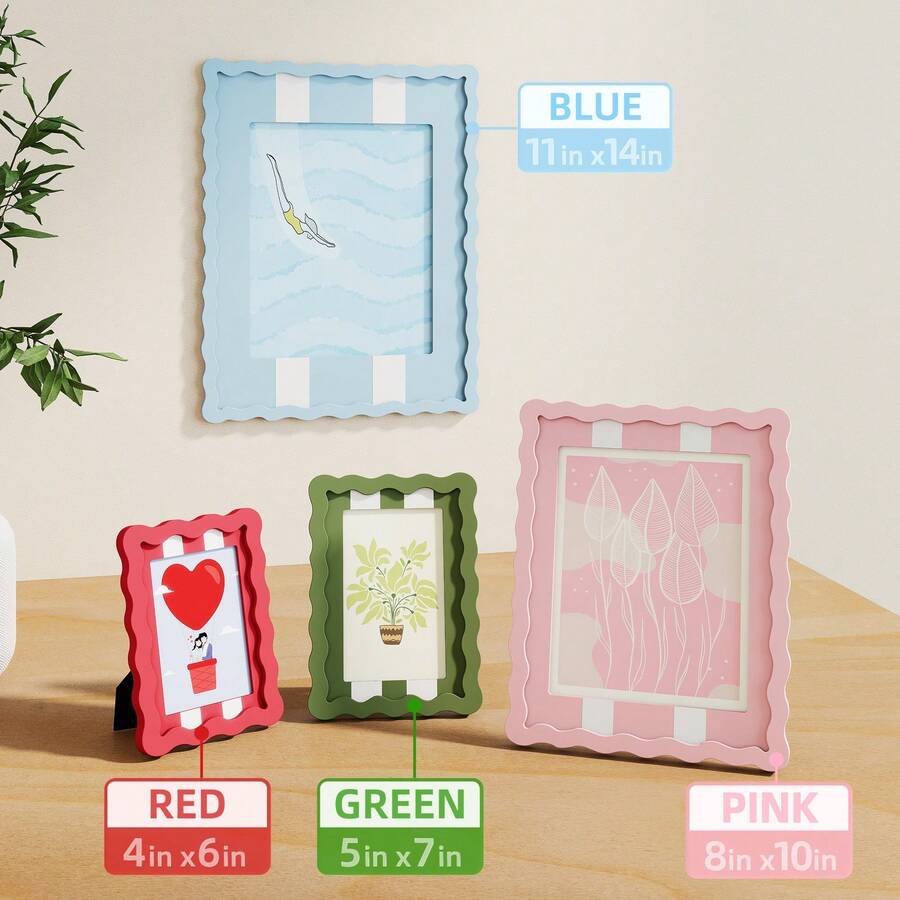 1pc Wavy Photo Frame With MDF Board And Tempered Glass Panel, Artistic Creative Home Decor, Colorful Wavy Design, 4 Standard Sizes 4x6 Inch, 5x7 Inch, 8x10 Inch, 11x14 Inch, Modern Fashion Interior Decoration, Fun Photo Frame (Random Photo Paper) - 1PC - View 1