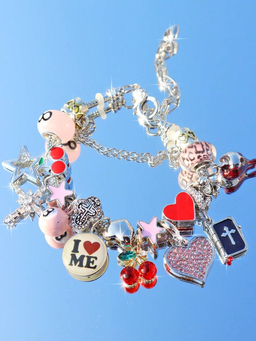 1pc "Love Yourself" Slogan DIY Bracelet, 1pc Cute Red Cherry Charm Bracelet, 1pc Pink Leopard Star Girl Bracelet, 1pc Cross Star Bracelet, 1pc Punk Music Festival Bracelet