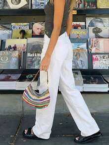 女士休闲通勤直筒牛仔裤，带口袋 - 白色 - 查看 7