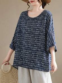 Plus Size Ladies' Holiday Outing Loose Blue Top Pullover, Casual Daily Wear, Batwing Sleeve Short Sleeved Round Neck Regular Edition Shirt, Versatile Regular Length Vacation Summer - Royal Blue - View 3