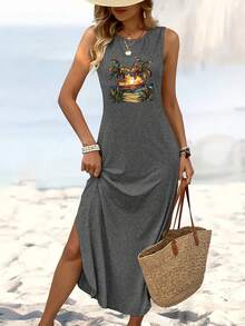 Imitation 2D Coconut Beach Pattern Printed Tank Dress 6424 - 黑色 - 查看 1