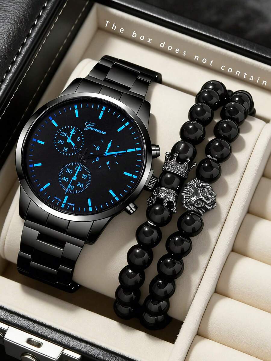 三件套时尚百搭男士石英表，圆形表盘，合金钢表带，搭配皇冠珠手链套装，是送给男士的最佳礼物，适合节日送礼和日常佩戴。 - 黑色 - 查看 1