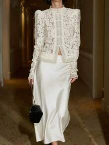 女士时尚Y2K日常蕾丝钩编立领修身半透明白色衬衫，优雅泡泡袖设计，蕾丝镂空纽扣细节，优雅叠穿上衣 - 白色 - 查看 8