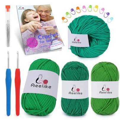 Beginner Crochet Yarn Kit W 4 Different Materials Green Yarns Polyester Cotton Acrylic Milk Cotton 2 Ergonomic Hooks (G7) Ideal Starter Crochet Set For Beginners