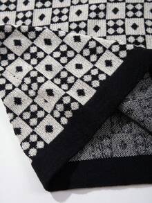 Men's Casual Geometric Pattern Loose Fit Polo Shirt, Business Stylish Short Sleeve Knit Top, Spring/Summer - Black - View 9