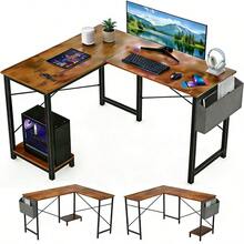 L-Shaped Corner Home Office Computer Desk, Gaming Desk With CPU Stand Shelf And Hanging Storage Pocket, Student Study Writing Table, Sturdy Metal Frame, 43.3" D X 50" W, Rustic Brown - Rustic Brown - View 1