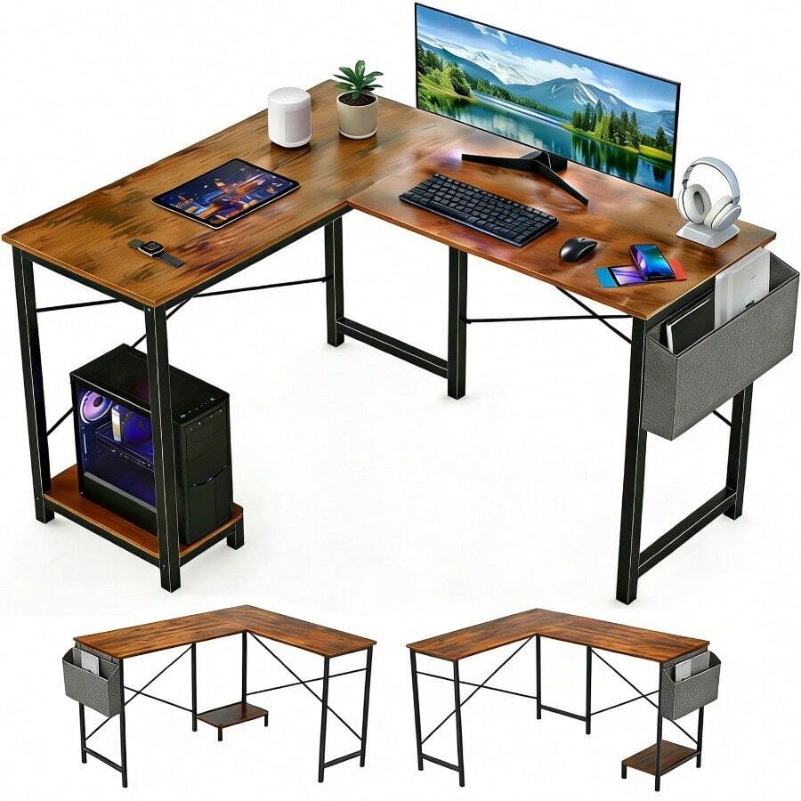 L-Shaped Corner Home Office Computer Desk, Gaming Desk With CPU Stand Shelf And Hanging Storage Pocket, Student Study Writing Table, Sturdy Metal Frame, 43.3" D X 50" W, Rustic Brown - Rustic Brown - View 1