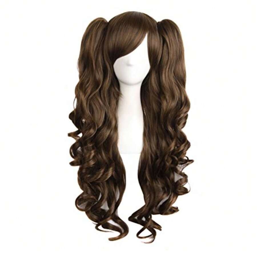 MapofBeauty 28"/70cm Lolita Long Curly Clip On Ponytails Cosplay Wig Brown - Marrón - Ver 1