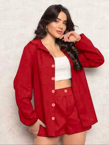 Combination Set Consisting Of A Long-Sleeved Top And Shorts. - Red - View 2