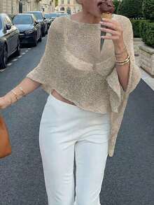 FOR BEAUTY Summer New Women's Solid Color Ribbed Light Apricot Knit Cardigan, Asymmetric Hem Design, Fine Shiny Texture Knit, Lightweight & Breathable, Slightly Loose Fit Suitable For Various Body Types, Vacation & Beach Casual Style Top - 金色 - 查看 5