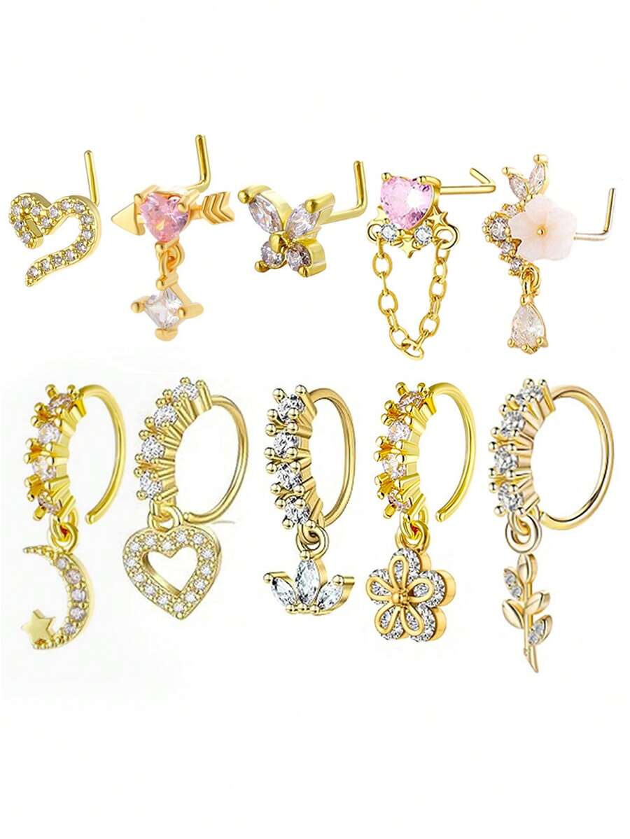10pcs Copper Zirconia Stone Heart Flower Butterfly Pendant Nose Ring Nose Stud L-Shape Pendant Nose Jewelry Suitable For Men And Women Wear And Gift - Yellow Gold - View 1
