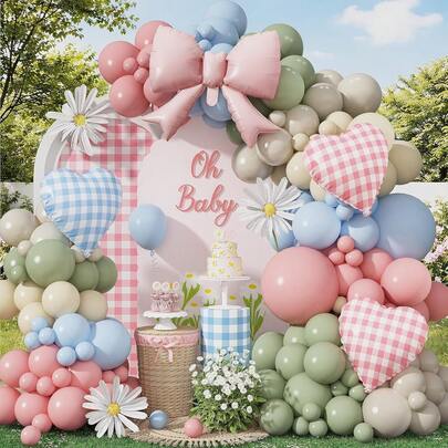 109pcs Swan Theme Balloon Arch Set, Including Bowknot, Plaid Heart Foil Balloons, And Light Green, Pink, Blue, Beige Latex Balloons. Suitable For Birthday Party, Baby Shower, First Communion, Christening, And Retro Swan Theme Party Decoration.