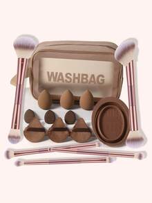 16PCS Makeup Tools Set Including:5PCS Makeup Brush Set+1pc Multi-Functional Zipper Toiletry And Cosmetic Bag Waterproof+3PCS Makeup Sponges+3PCS Mini Air Cushion Powder Puffs+3PCS Triangle Powder Puffs+1pc Makeup Brush Cleaning Tools,All-In-One & Beginner-Friendly | Travel-Ready & Gift-Ready | Perfect For Newbies/Her - Brown - View 8