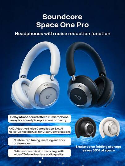 Soundcore The Space One Pro Over-Ear Bluetooth Headphones Feature Active Noise Cancellation, Portability, Foldability, Dolby Atmos Sound, Clear Calls, Lossless Audio Quality, And Compatibility With Apple, Huawei, Xiaomi Phones And Computers.
